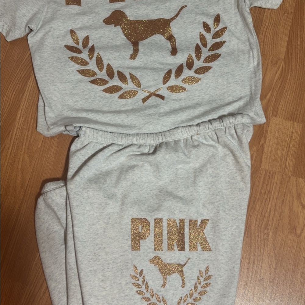 PINK Victoria's Secret Gray Rose Gold Glitter Lounge Set